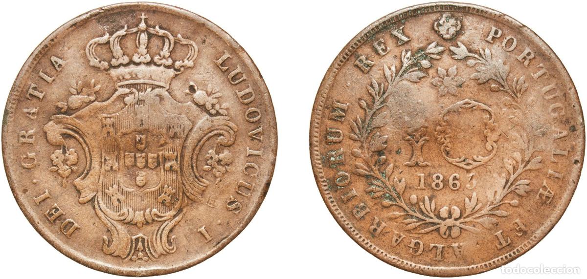 Monedas antiguas de Europa: Portugal Azores Overseas province 1865 10 R&eacute;is - Luiz I Copper (350000) 6g VF Bent KM 14 Gomes L1