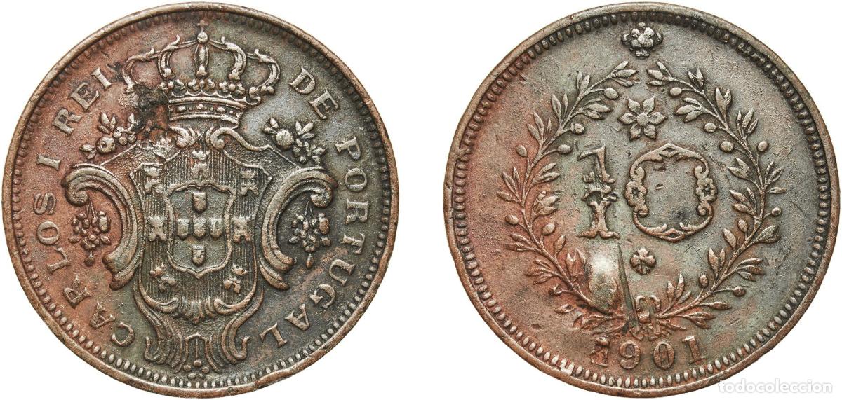 Monedas antiguas de Europa: Portugal Azores Overseas province 1901 10 R&eacute;is - Carlos I Copper (600000) 9.51g XF Scratches KM 17