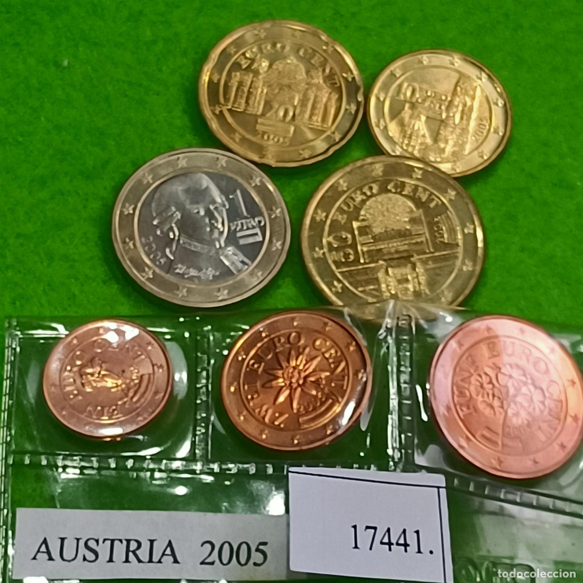 Monedas antiguas de Europa: Austria 7 monedas euro, 1, 2, 5, 20, 20 y 50 c&eacute;ntimos, 1 euro , 2005