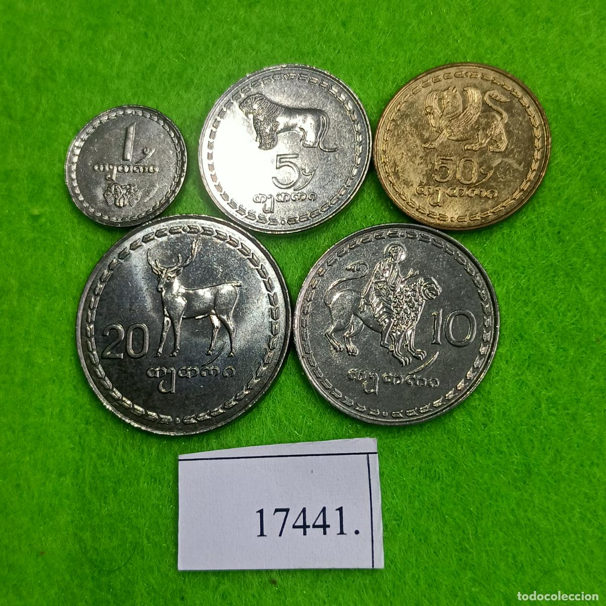 Monedas antiguas de Europa: Georgia 1993, 4 monedas, 1, 5, 10, 20, y 50 thetri , 17441