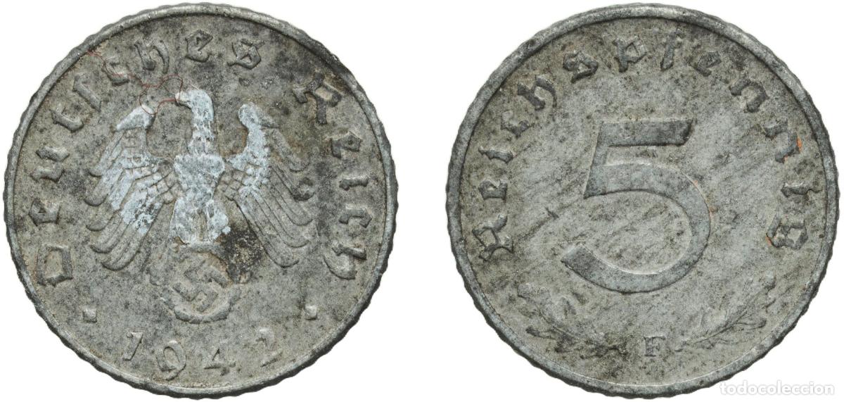 Monedas antiguas de Europa: Germany Third Reich 1942 F 5 Reichspfennig Zinc Stuttgart Mint (24662224) 2.52g XF KM 100 AKS 51 J