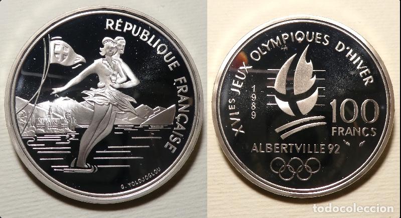 Monedas antiguas de Europa: Moneda de Francia, 100 francos, 1989 XVI Juegos Ol&iacute;mpicos de Invierno, Albertville 1992