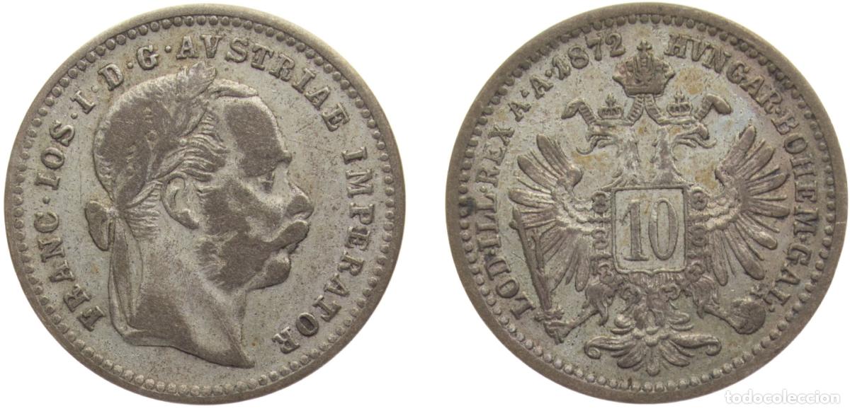 Monedas antiguas de Europa: Austria Austro-Hungarian Empire Franz Joseph I 1872 10 Kreuzer 1.5g