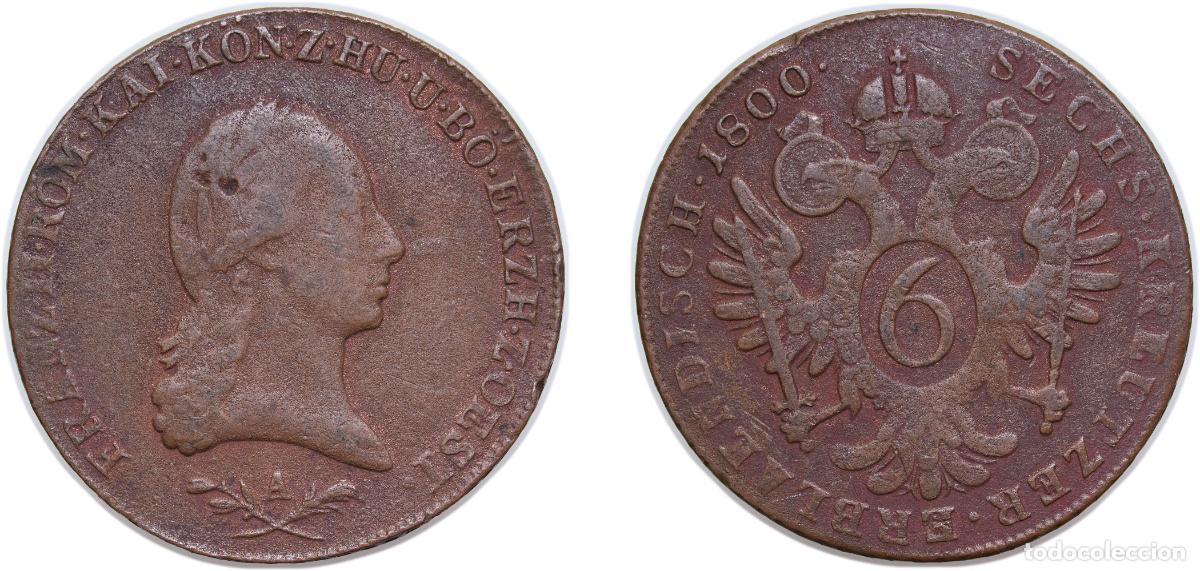 Monedas antiguas de Europa: Austria Austrian Empire Holy Roman Empire 1800 A 6 Kreutzer - Franz II Copper Vienna Mint 12.7g VF