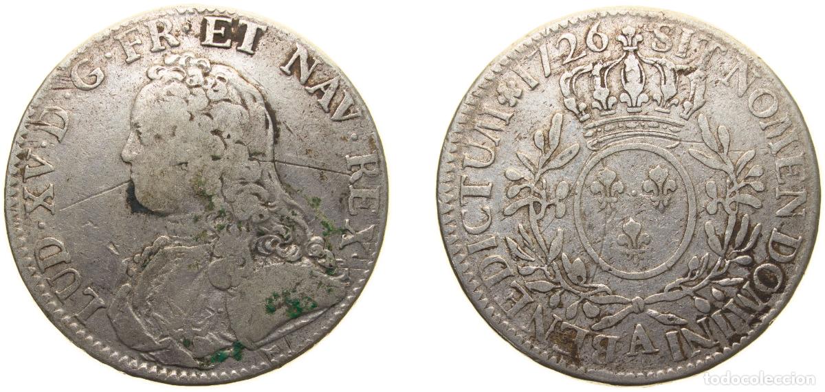 Monedas antiguas de Europa: France Kingdom 1726 A 1 &Eacute;cu - Louis XV Silver (.917) Paris Mint (8114701) 29.1g VF Dy royales 1675