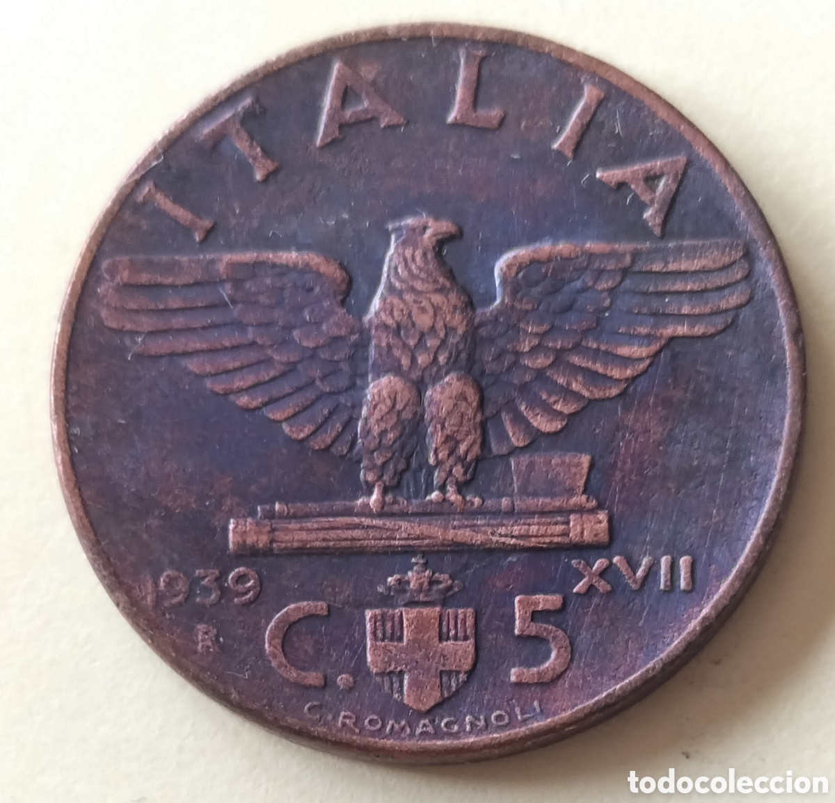 Monedas antiguas de Europa: Moneda 5 C&eacute;ntesimos 1939 Italia.
