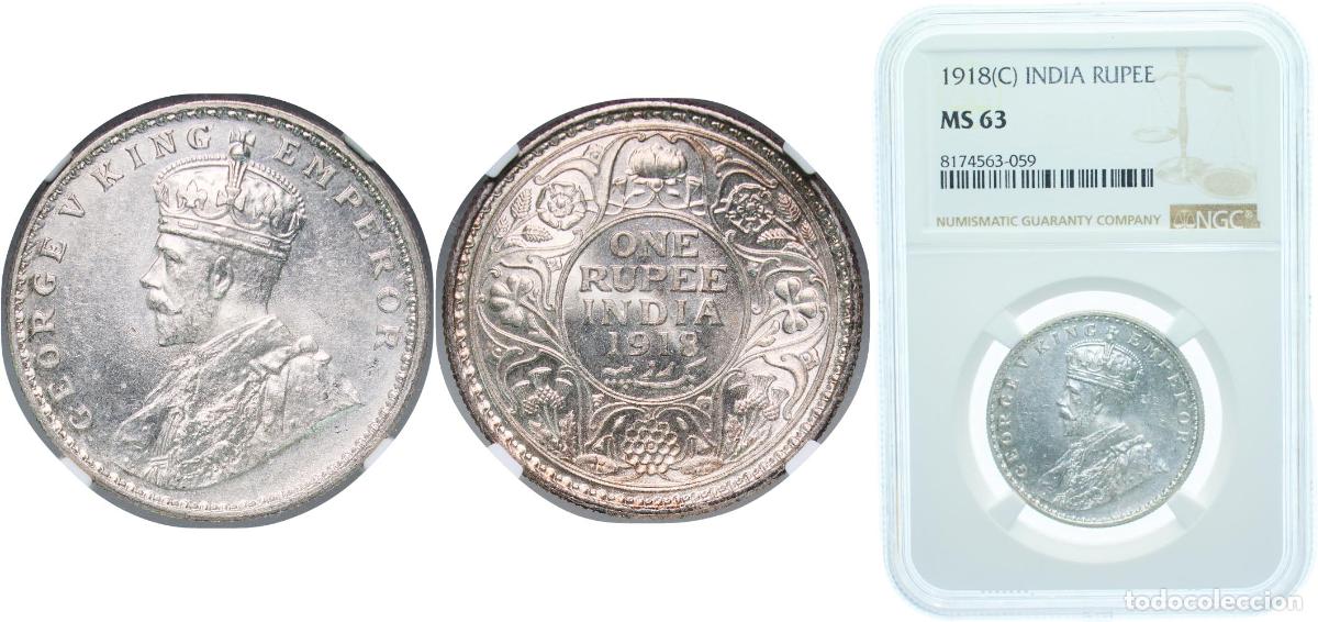 Monedas antiguas de Europa: India India - British colony 1918 1 Rupee - George V Silver (.917) (205420000) 11.66g NGC MS 63 KM