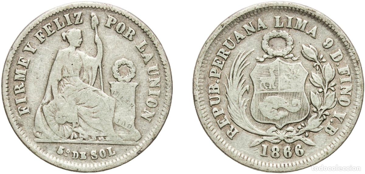 Monedas antiguas de Europa: Peru Republic 1866 YB ⅕ Sol Silver (.900) 4.82g VF KM 191