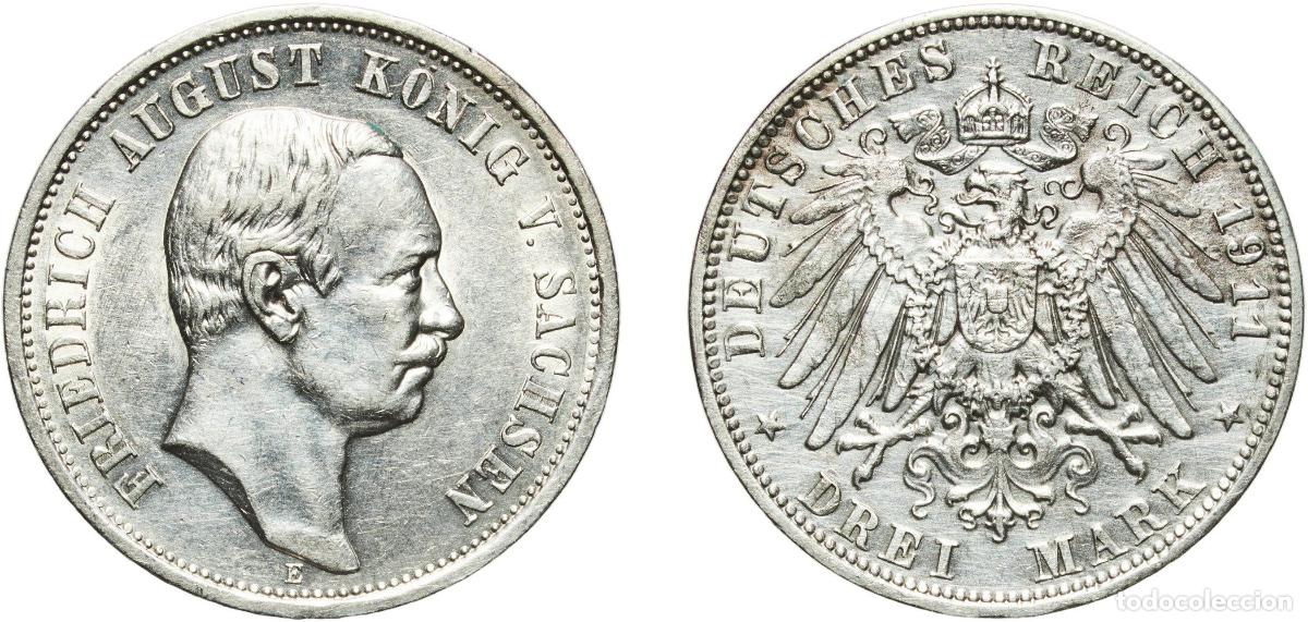 Monedas antiguas de Europa: Germany Kingdom of Saxony Kingdom of Saxony Second Empire 1911 E 3 Mark - Friedrich August III Silv