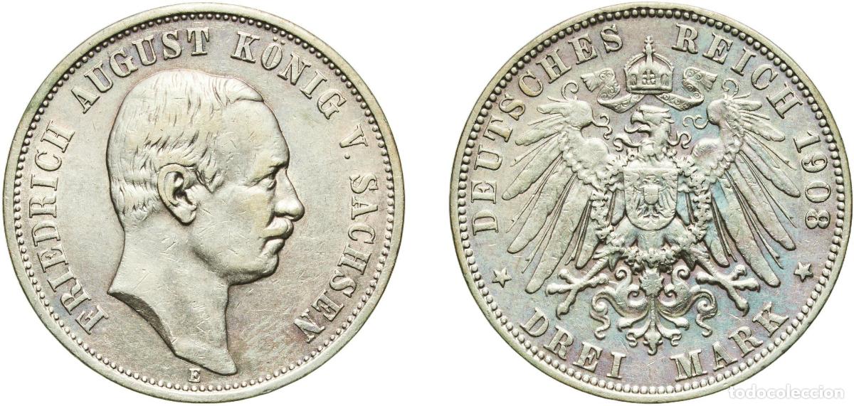 Monedas antiguas de Europa: Germany Kingdom of Saxony Kingdom of Saxony Second Empire 1908 E 3 Mark - Friedrich August III Silv