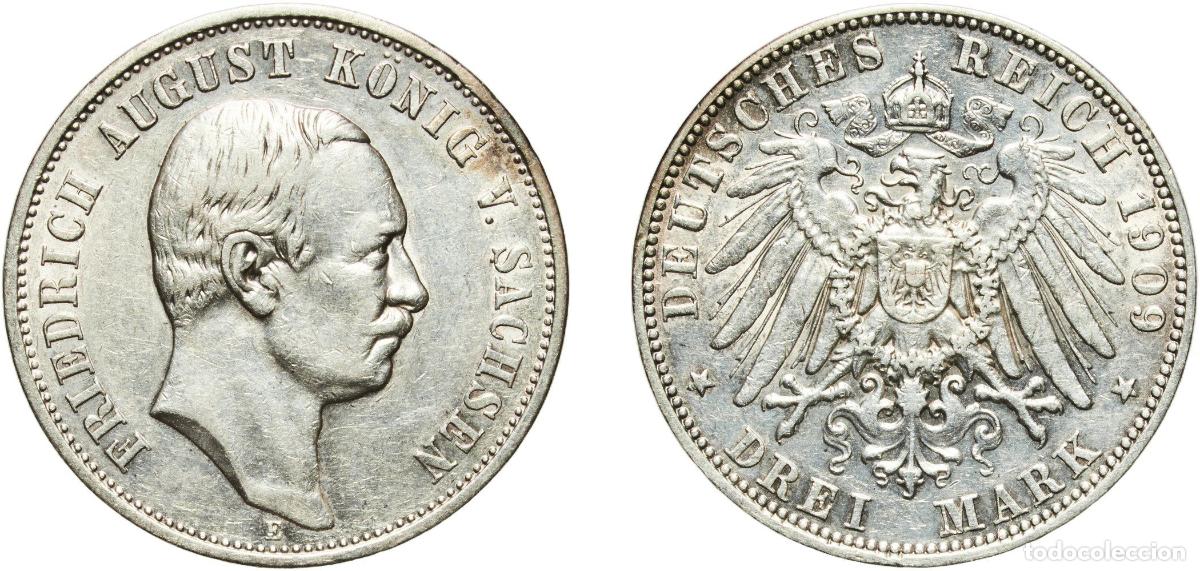 Monedas antiguas de Europa: Germany Kingdom of Saxony Kingdom of Saxony Second Empire 1909 E 3 Mark - Friedrich August III Silv