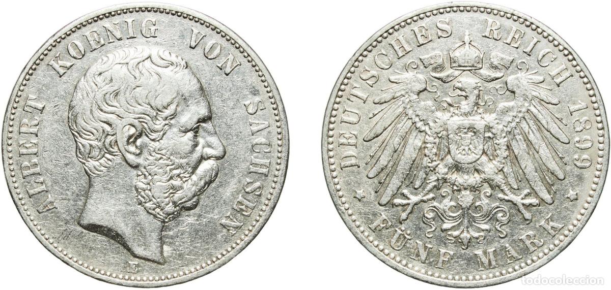 Monedas antiguas de Europa: Germany Kingdom of Saxony Second Empire 1899 E 5 Mark - Albert Silver (.900) Muldenh&uuml;tten Mint (740