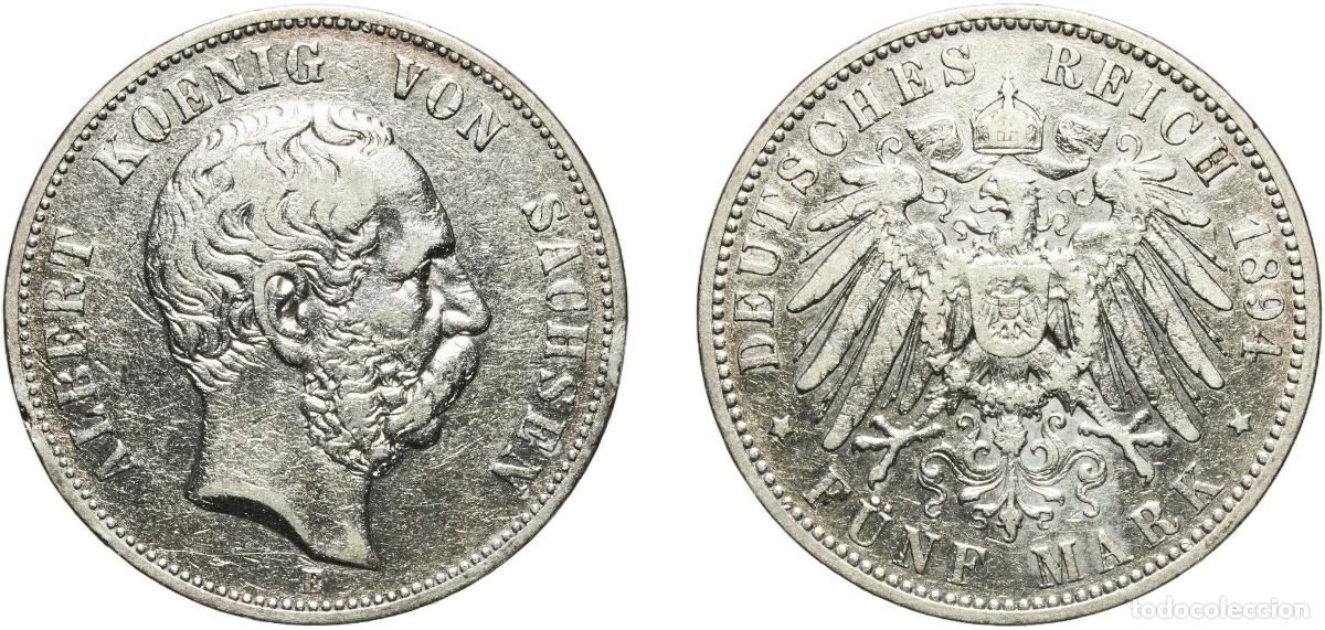Monedas antiguas de Europa: Germany Kingdom of Saxony Second Empire 1894 E 5 Mark - Albert Silver (.900) Muldenh&uuml;tten Mint (750