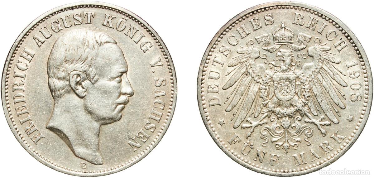 Monedas antiguas de Europa: Germany Kingdom of Saxony Kingdom of Saxony Second Empire 1908 E 5 Mark - Friedrich August III Silv