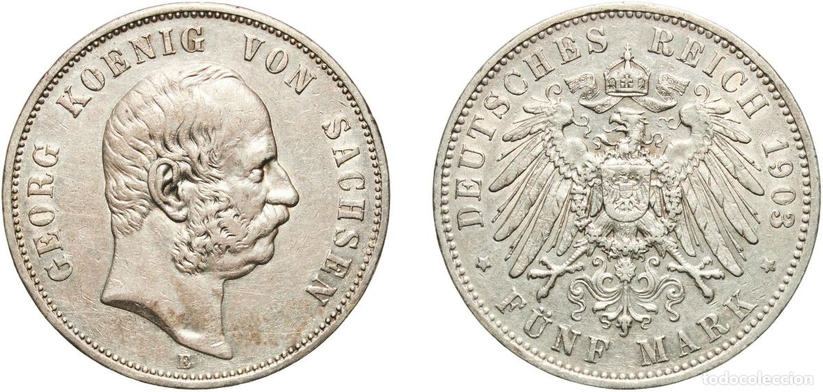Monedas antiguas de Europa: Germany Kingdom of Saxony Kingdom of Saxony Second Empire 1903 E 5 Mark - Georg Silver (.900) Mulde
