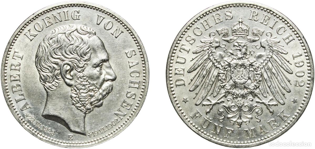Monedas antiguas de Europa: Germany Kingdom of Saxony Kingdom of Saxony Second Empire 1902 E 5 Mark - Albert (28.IV.1828 E ✠19.