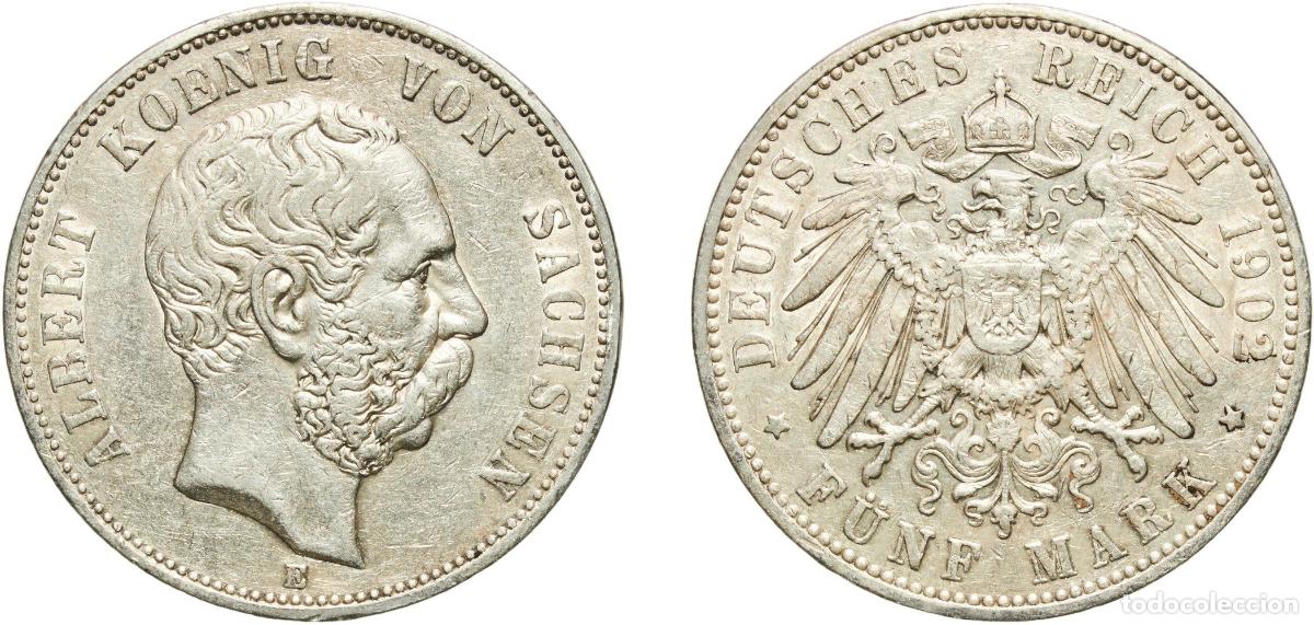 Monedas antiguas de Europa: Germany Kingdom of Saxony Second Empire 1902 E 5 Mark - Albert Silver (.900) Muldenh&uuml;tten Mint (168
