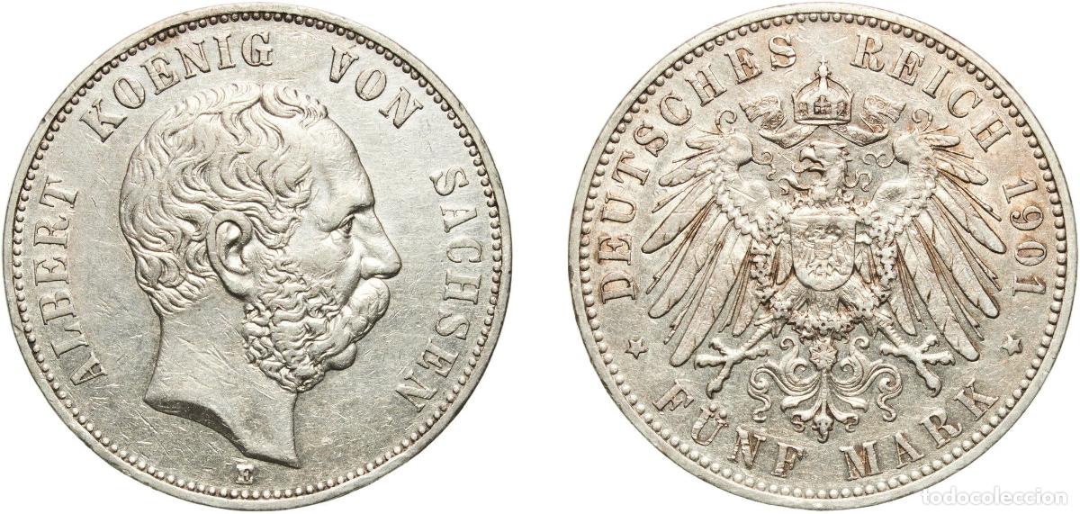 Monedas antiguas de Europa: Germany Kingdom of Saxony Second Empire 1901 E 5 Mark - Albert Silver (.900) Muldenh&uuml;tten Mint (156