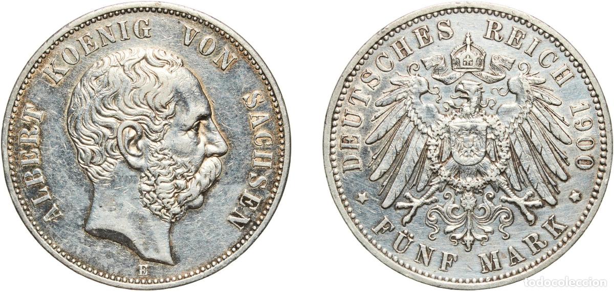 Monedas antiguas de Europa: Germany Kingdom of Saxony Second Empire 1900 E 5 Mark - Albert Silver (.900) Muldenh&uuml;tten Mint (157