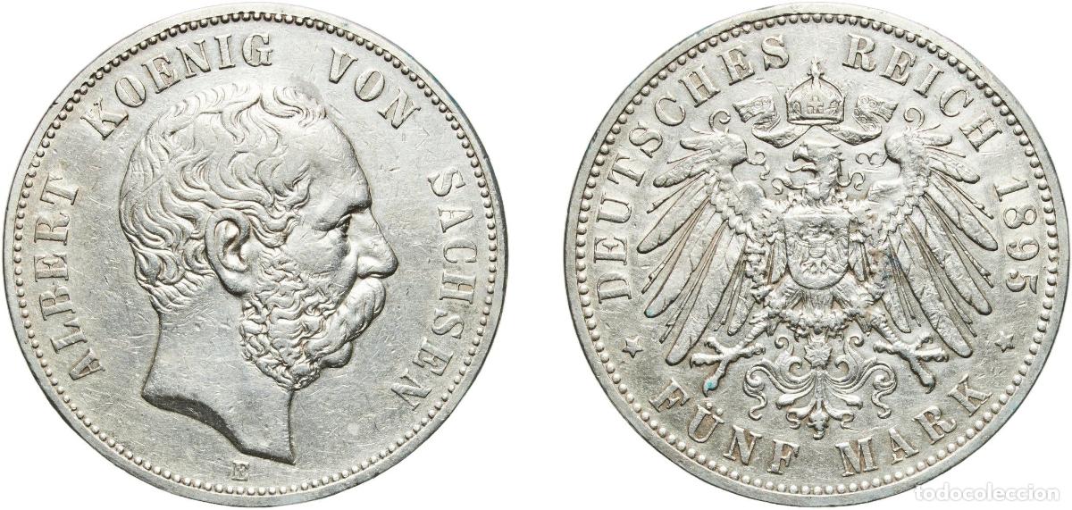 Monedas antiguas de Europa: Germany Kingdom of Saxony Second Empire 1895 E 5 Mark - Albert Silver (.900) Muldenh&uuml;tten Mint (890