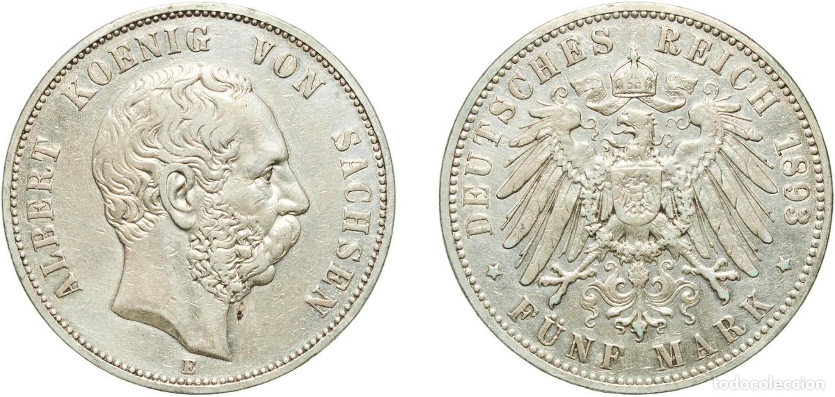 Monedas antiguas de Europa: Germany Kingdom of Saxony Second Empire 1893 E 5 Mark - Albert Silver (.900) Muldenh&uuml;tten Mint (520