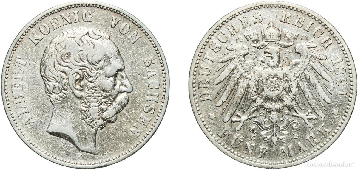 Monedas antiguas de Europa: Germany Kingdom of Saxony Second Empire 1891 E 5 Mark - Albert Silver (.900) Muldenh&uuml;tten Mint (520