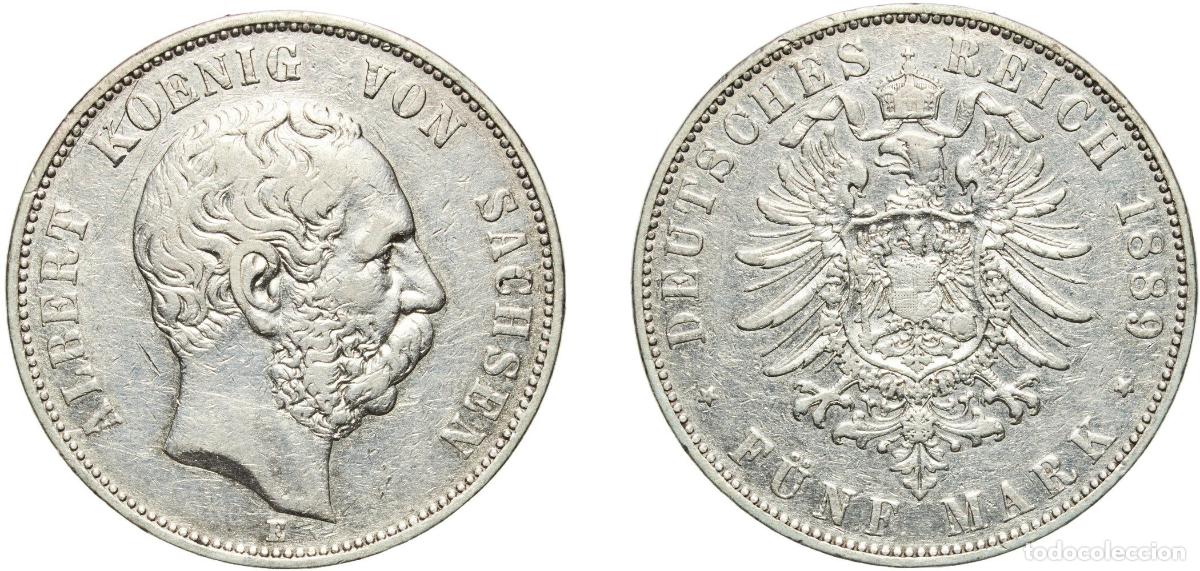 Monedas antiguas de Europa: Germany Kingdom of Saxony Second Empire 1889 E 5 Mark - Albert Silver (.900) Muldenh&uuml;tten Mint (360