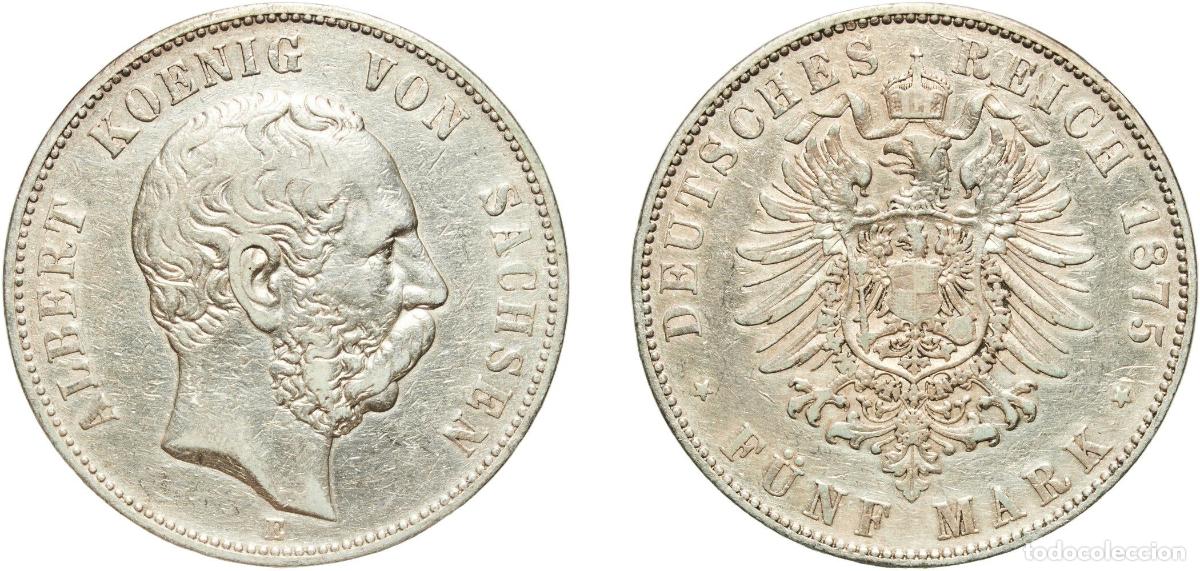 Monedas antiguas de Europa: Germany Kingdom of Saxony Second Empire 1875 E 5 Mark - Albert Silver (.900) Muldenh&uuml;tten Mint (494