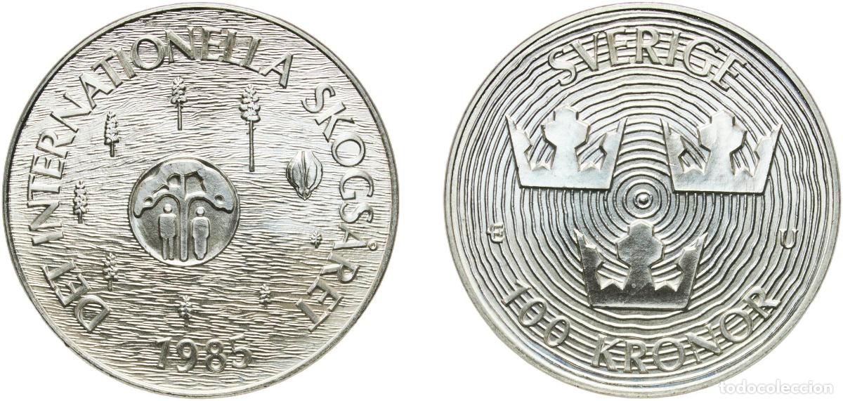 Monedas antiguas de Europa: Sweden Kingdom 1985 100 Kronor - Carl XVI Gustaf (International Year of the Forest) Silver (.925) M