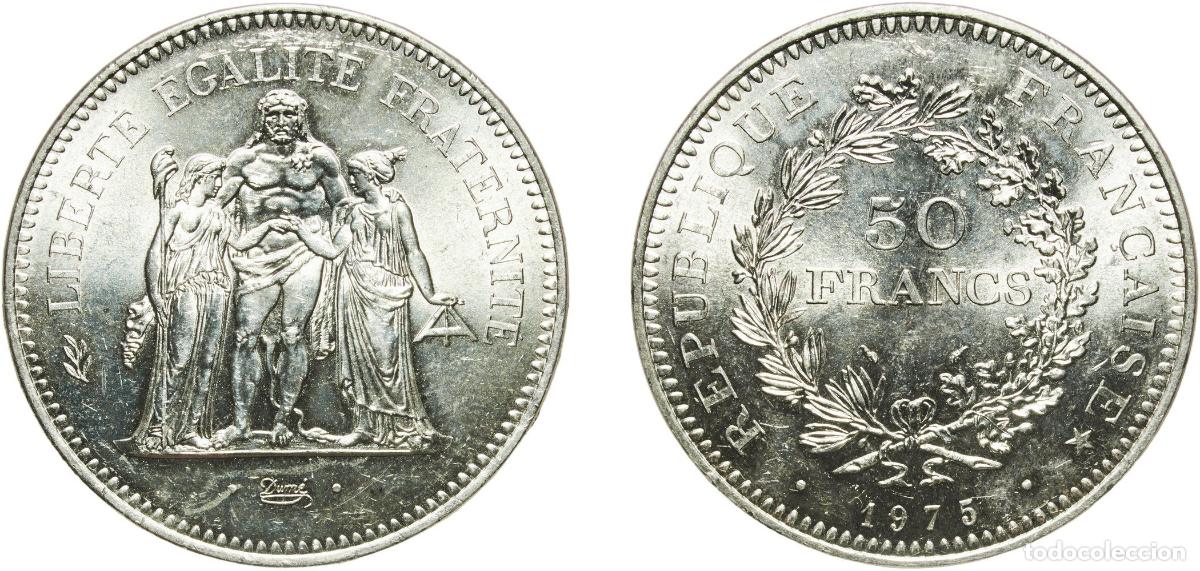 Monedas antiguas de Europa: France Fifth Republic 1975 50 Francs Silver (.900) (Copper .100) Paris Mint (4552011) 30.21g UNC Fr