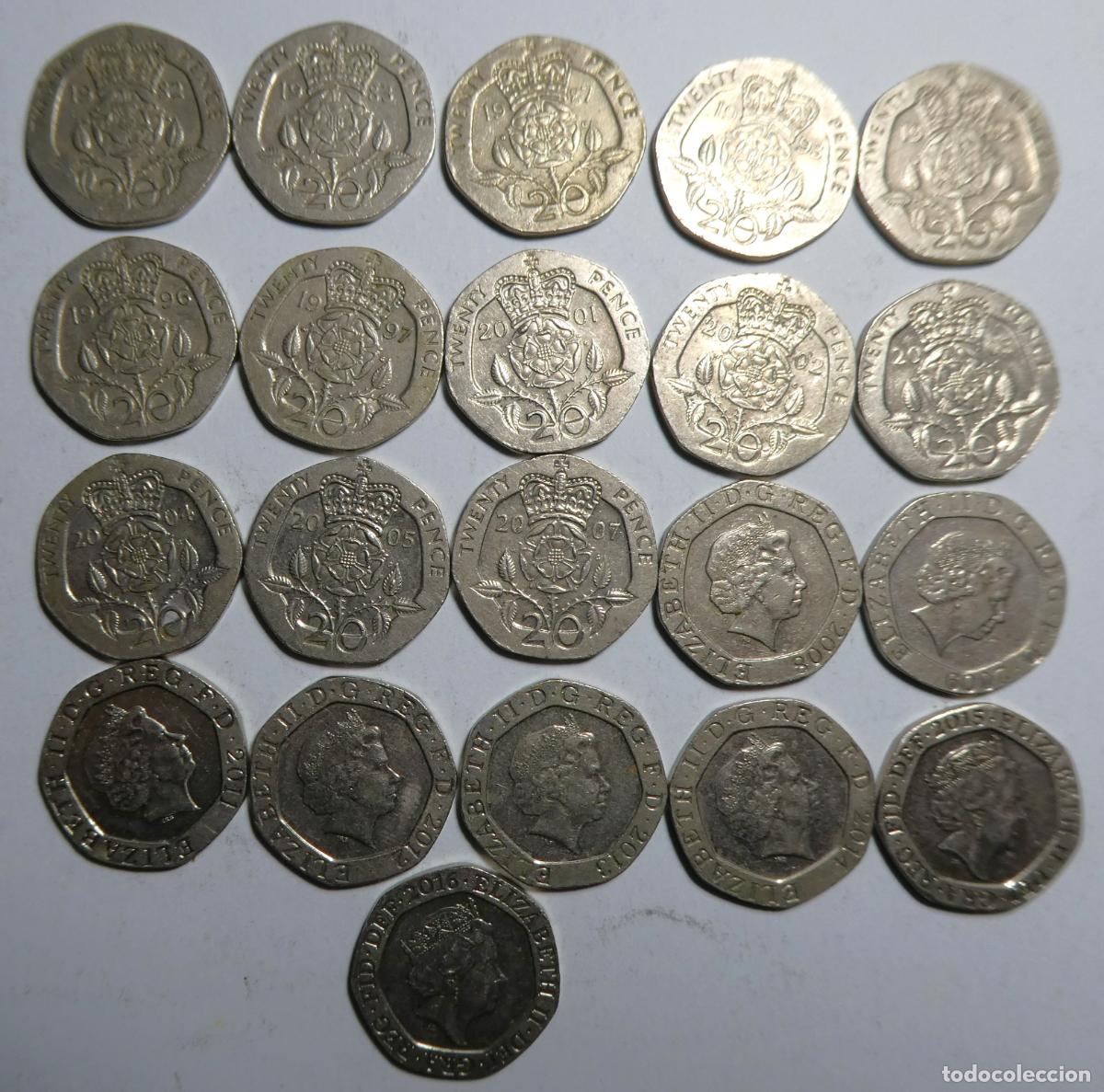 Monedas antiguas de Europa: 21 Monedas de 20 Pence Reino Unido fechas diferentes