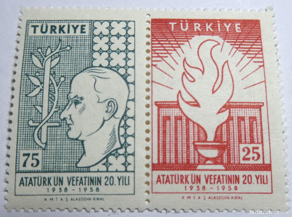 Monedas antiguas de Europa: 2 sellos postales de Turqu&iacute;a 75 y 25 Kurus, 20.&ordm; aniversario de la muerte de Kemal Atat&uuml;rk