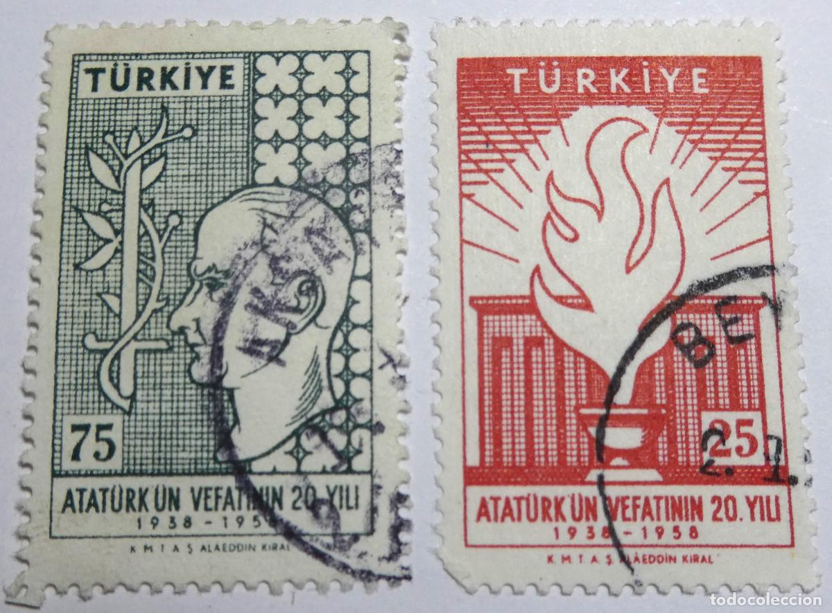Monedas antiguas de Europa: 2 sellos postales de Turqu&iacute;a 75 y 25 Kurus, 20.&ordm; aniversario de la muerte de Kemal Atat&uuml;rk