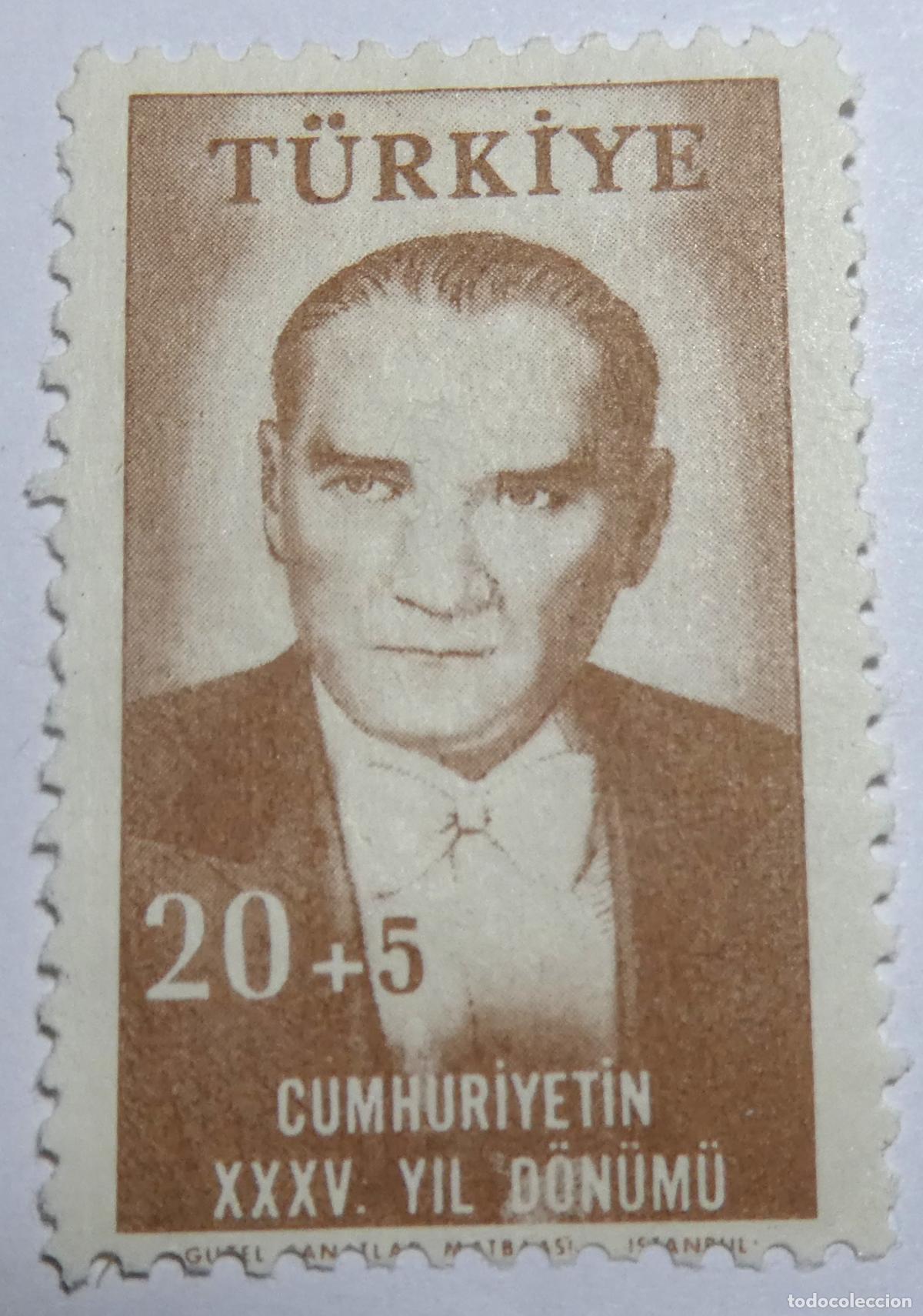 Monedas antiguas de Europa: sello postal de Turqu&iacute;a 20+5 Kurus 1958 ,Mustafa Kemal Atat&uuml;rk