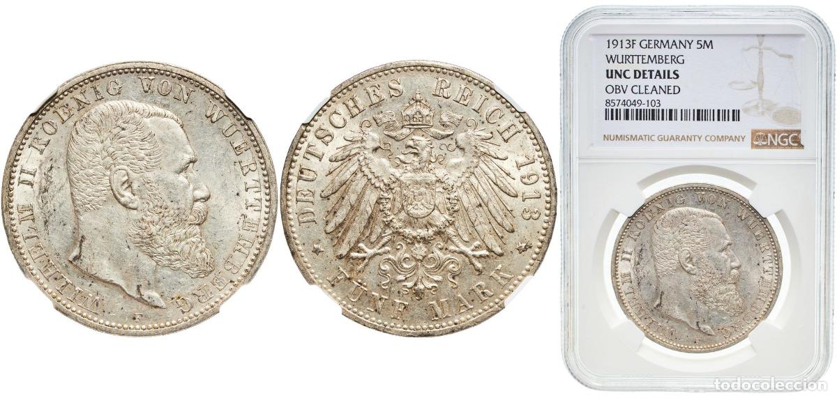 Monedas antiguas de Europa: Germany Kingdom of W&uuml;rttemberg 1913 F 5 Mark - Wilhelm II Original luster Silver (.900) Staatliche