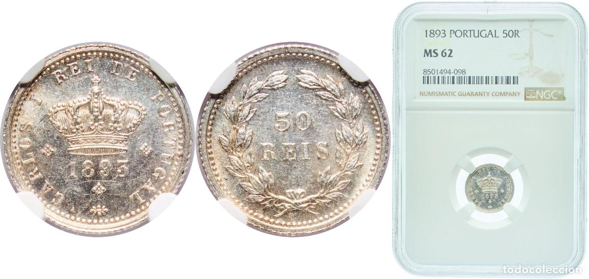 Monedas antiguas de Europa: Portugal Kingdom 1893 50 Reis / &frac12; Tost&atilde;o - Carlos I Silver (.917) Lisbon Mint (620000) 1.25g NGC MS