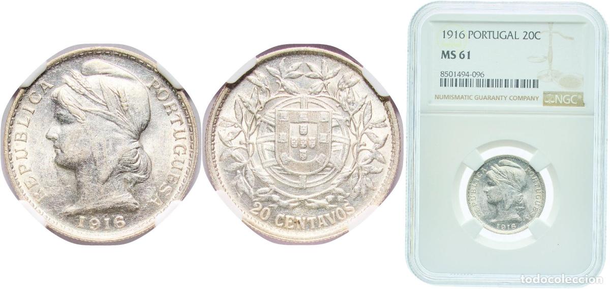 Monedas antiguas de Europa: Portugal First Republic 1916 20 Centavos Silver (.835) Lisbon Mint (706000) 5g NGC MS 61 KM 562 Go