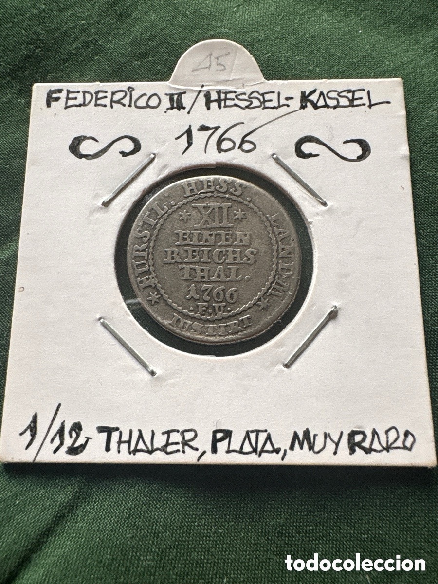 Moedas antigas da Europa: Moneda Federico II 1766, 1/2 Thaler plata (A5)