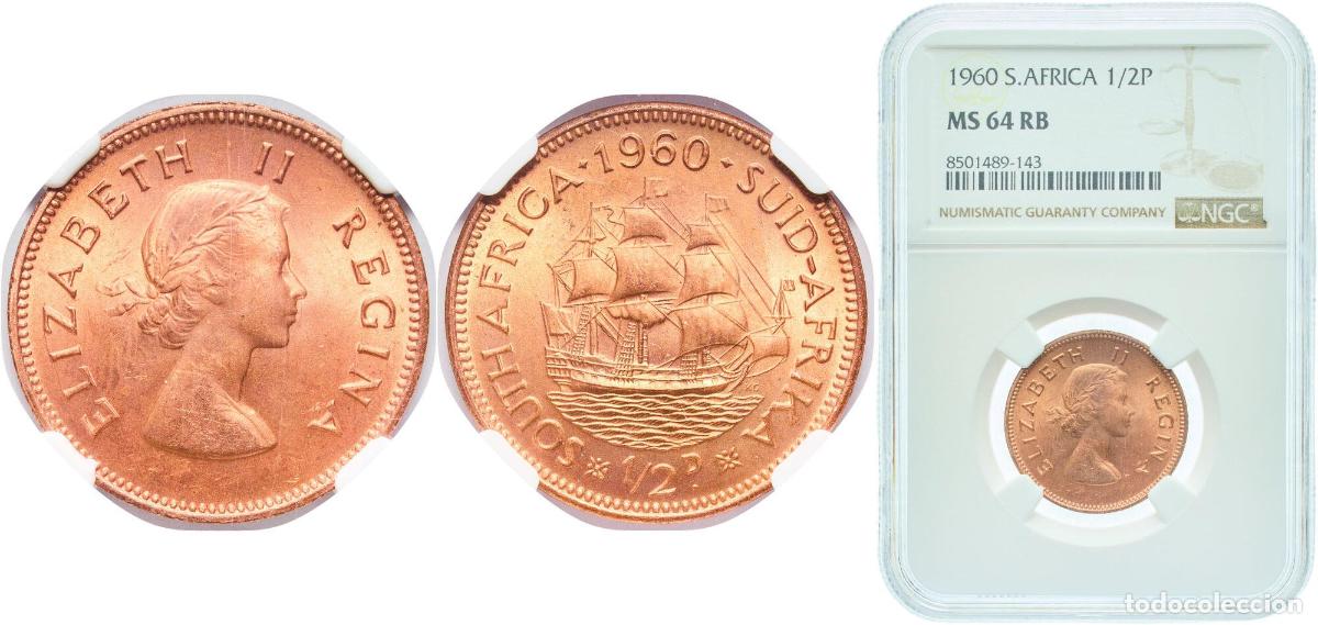 Monedas antiguas de Europa: South Africa Union 1960 &frac12; Penny - Elizabeth II (1st portrait) Bronze (95% Cu, 4.5% Zn, 0.5% Sn) Pre