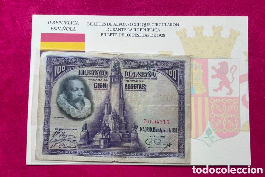 Monedas antiguas de Europa: Billete Espa&ntilde;a 1928 - 100 Pesetas - Miguel de Cervantes - Circulado en la II Rep&uacute;blica