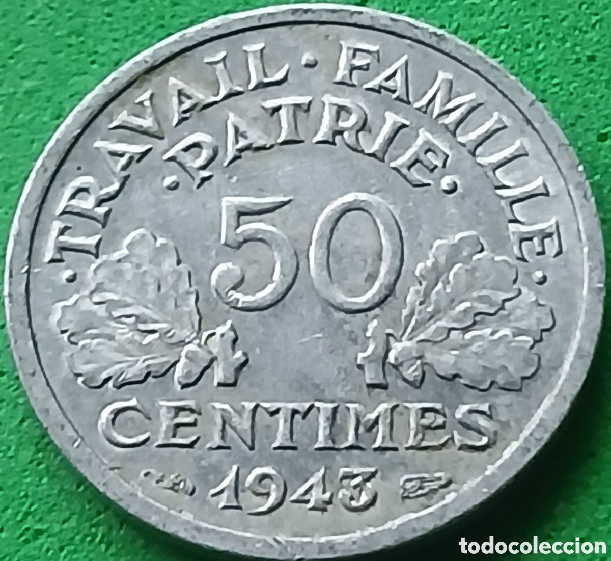 Monedas antiguas de Europa: Francia 50 c&eacute;ntimos 1943 km#914 sin marca de ceca