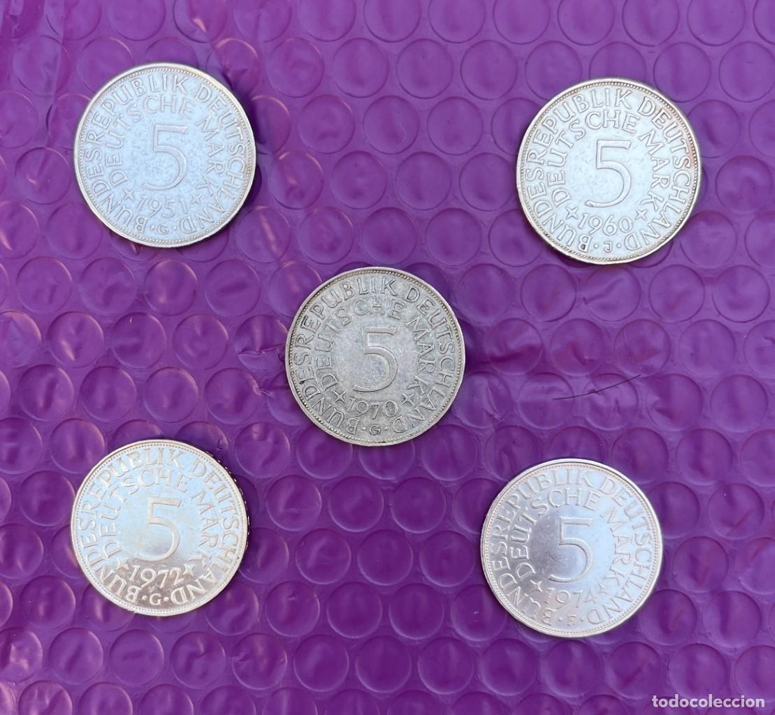 Monedas antiguas de Europa: Lote 5 Monedas de Plata - 5 Marcos Alemanes (1951-1974).