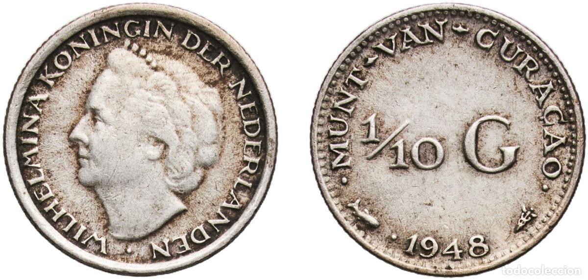 Monnaies anciennes de Europe: Cura&ccedil;ao 1948 ⅒ Gulden - Wilhelmina Silver (.640) Utrecht Mint (1000000) 1.44g VF KM 48 Sch 1338 Sc
