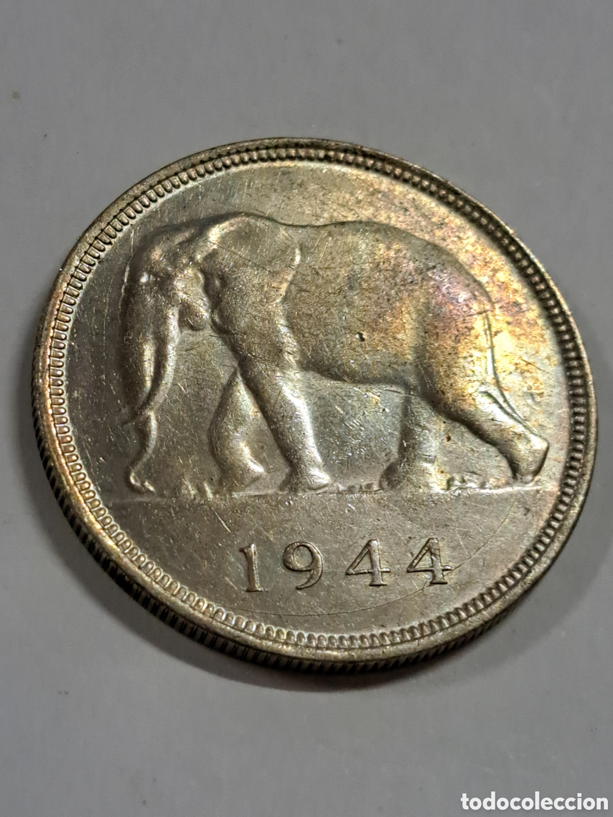 Monedas antiguas de Europa: Rara moneda de 50 francos de plata del Congo Belga a&ntilde;o 1944 sin circulaci&oacute;n y brillo original