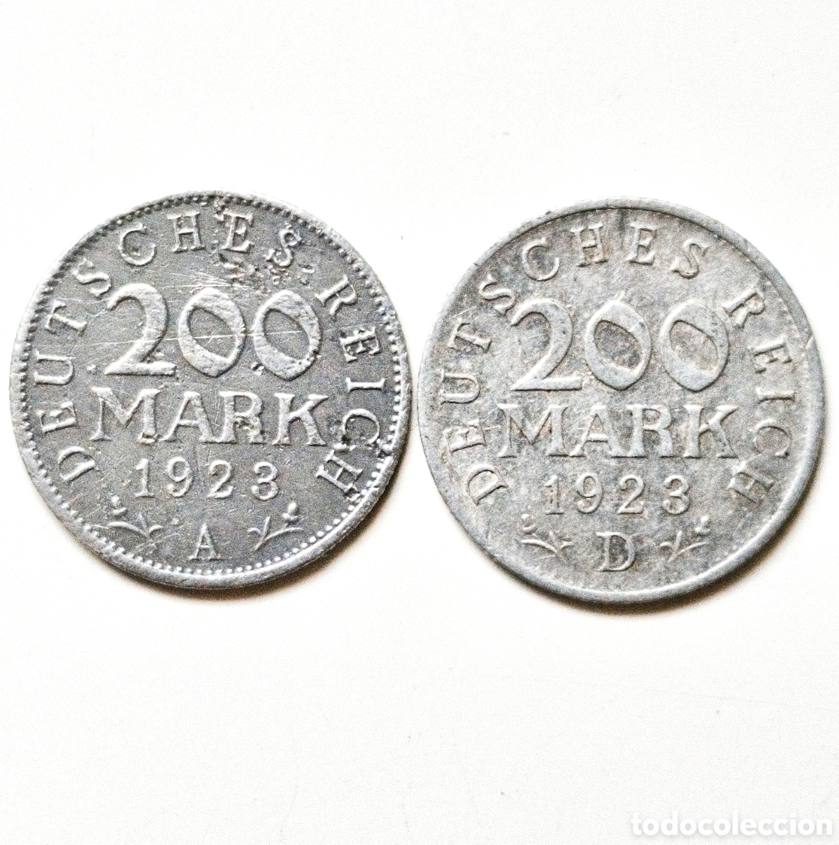 Monedas antiguas de Europa: Alemania, dos monedas de 200 Mark de 1923, A y D