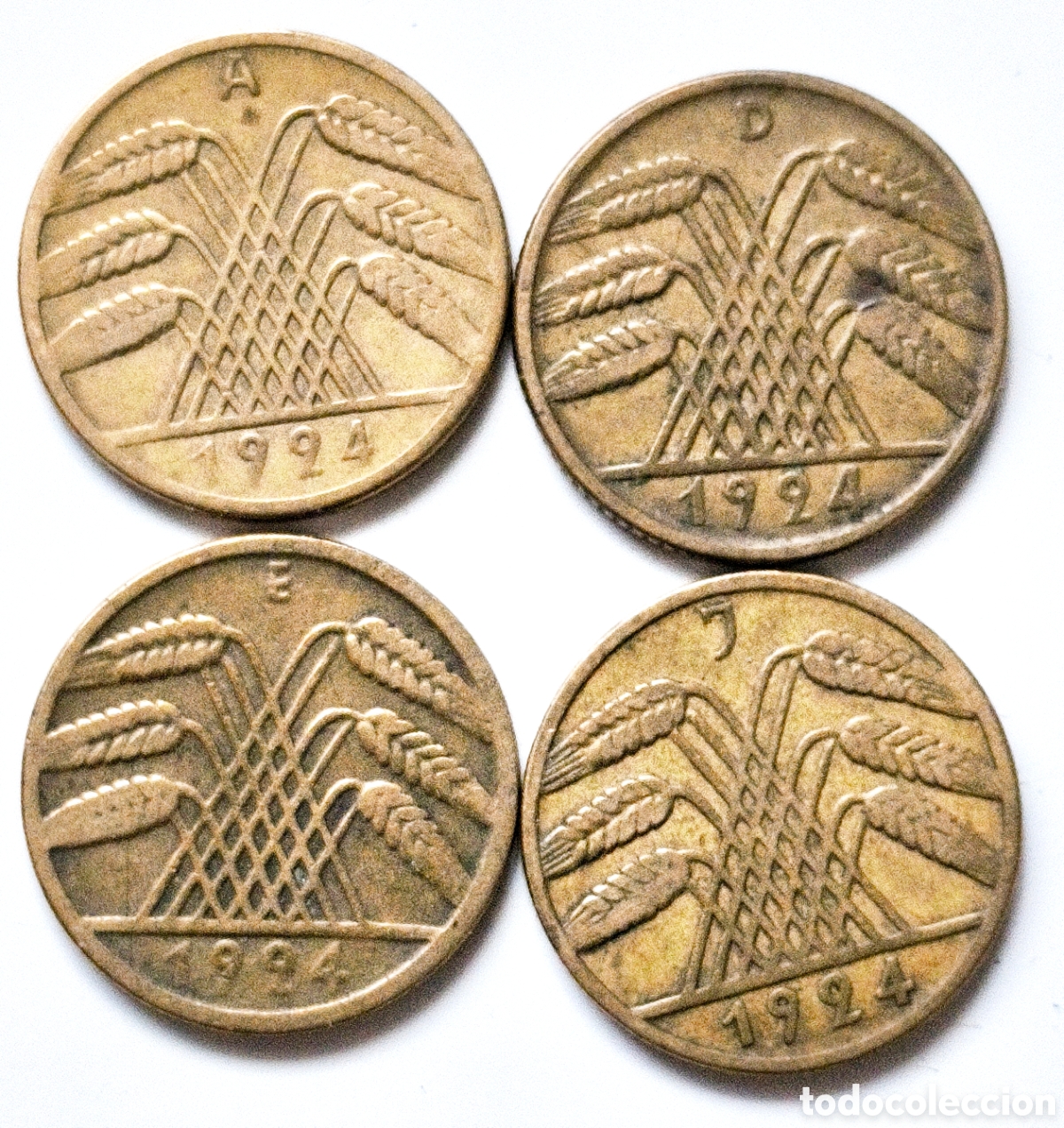 Monedas antiguas de Europa: Alemania, 4 monedas de rentenpfennig de 1924 (A,D,E y J)