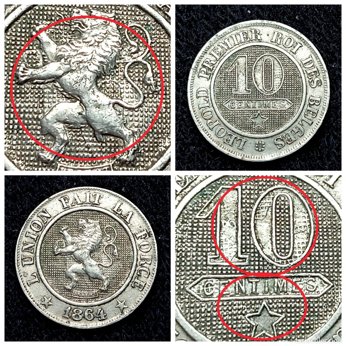 Monedas antiguas de Europa: ⚜️ BBE7 6. Error. Cu&ntilde;os chocados en ambas caras. B&eacute;lgica. 10 centimes 1864