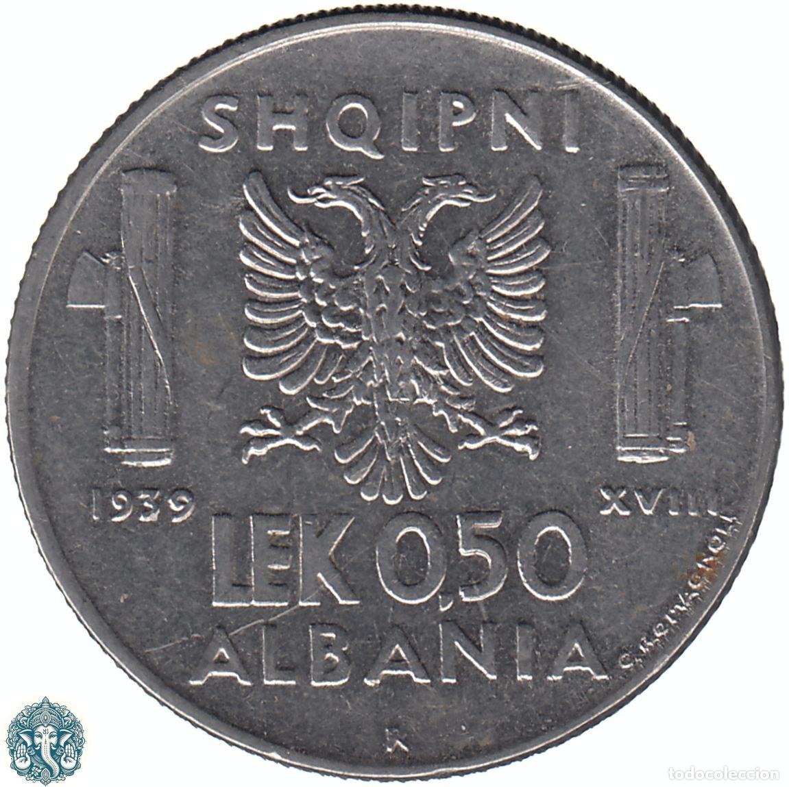 Monedas antiguas de Europa: ALBANIA 0,50 Medio Lek 1939 XVIII Vittorio Emanuele III KM#30 magn&eacute;tica OCUPACI&Oacute;N ITALIANA