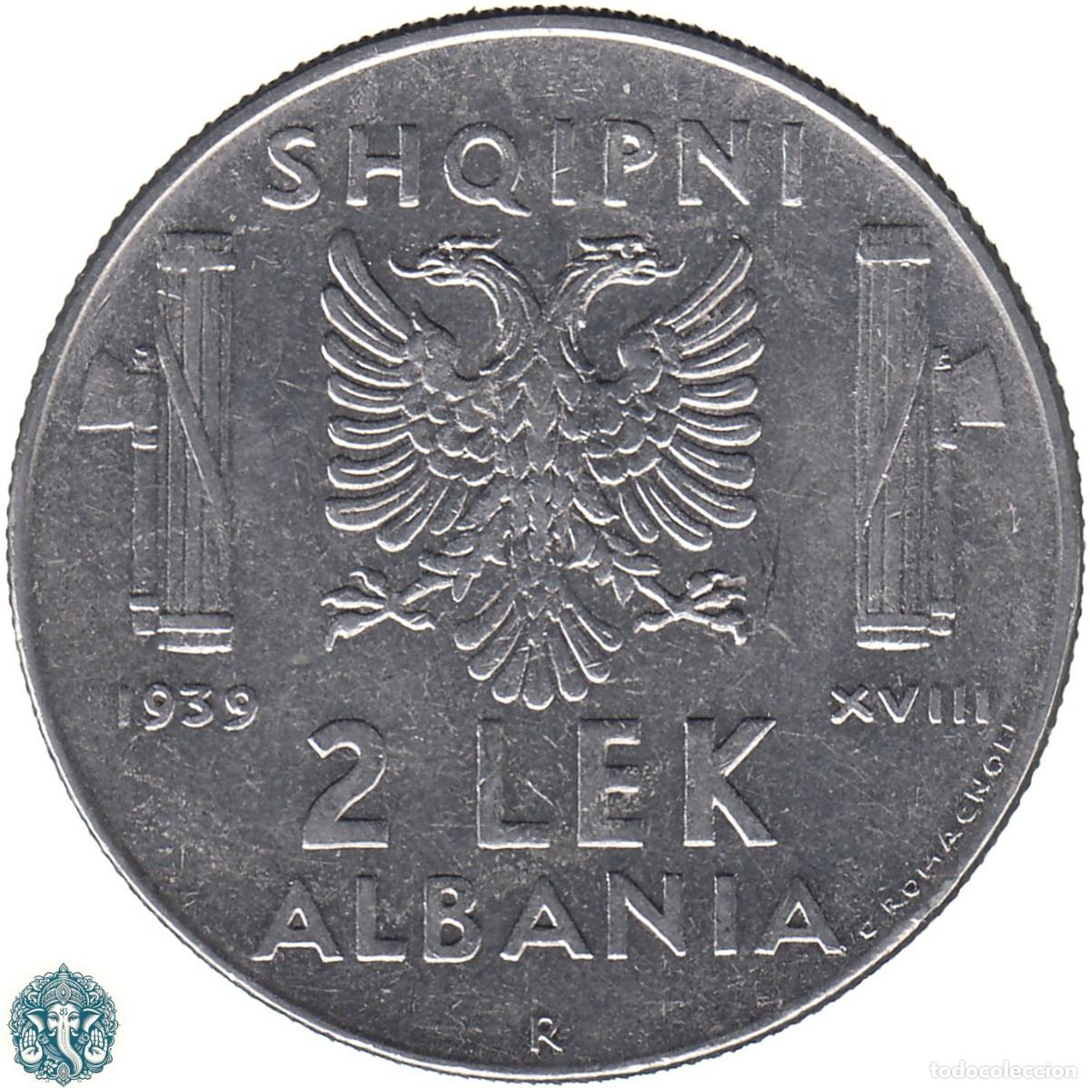 Monedas antiguas de Europa: ALBANIA 2 Lek 1939 XVIII Vittorio Emanuele III KM#32a NO magn&eacute;tica OCUPACI&Oacute;N ITALIANA