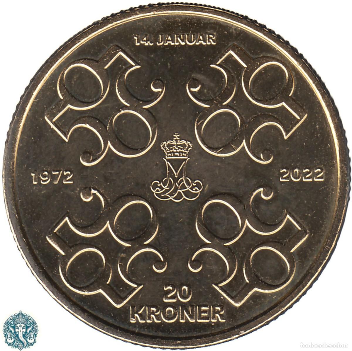 Monedas antiguas de Europa: DINAMARCA 20 Coronas 2022 50&deg; aniversario acceso al trono de la Reina Margarita II KM#970